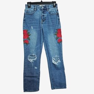 Pacsun Medium Wash Distressed Mom Jean Red Rose Embroidered Jeans Size 23